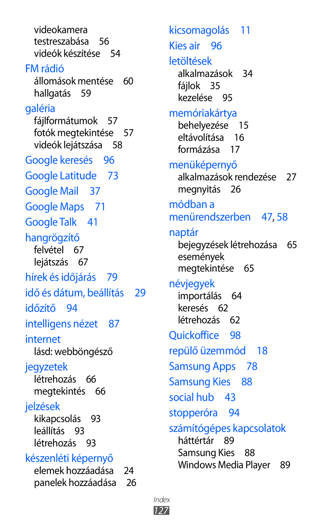 Samsung YP-GI1CW/XEG manual Állomások mentése 60 hallgatás , Lásd webböngésző, Alkalmazások 34 fájlok 35 kezelése , 127 